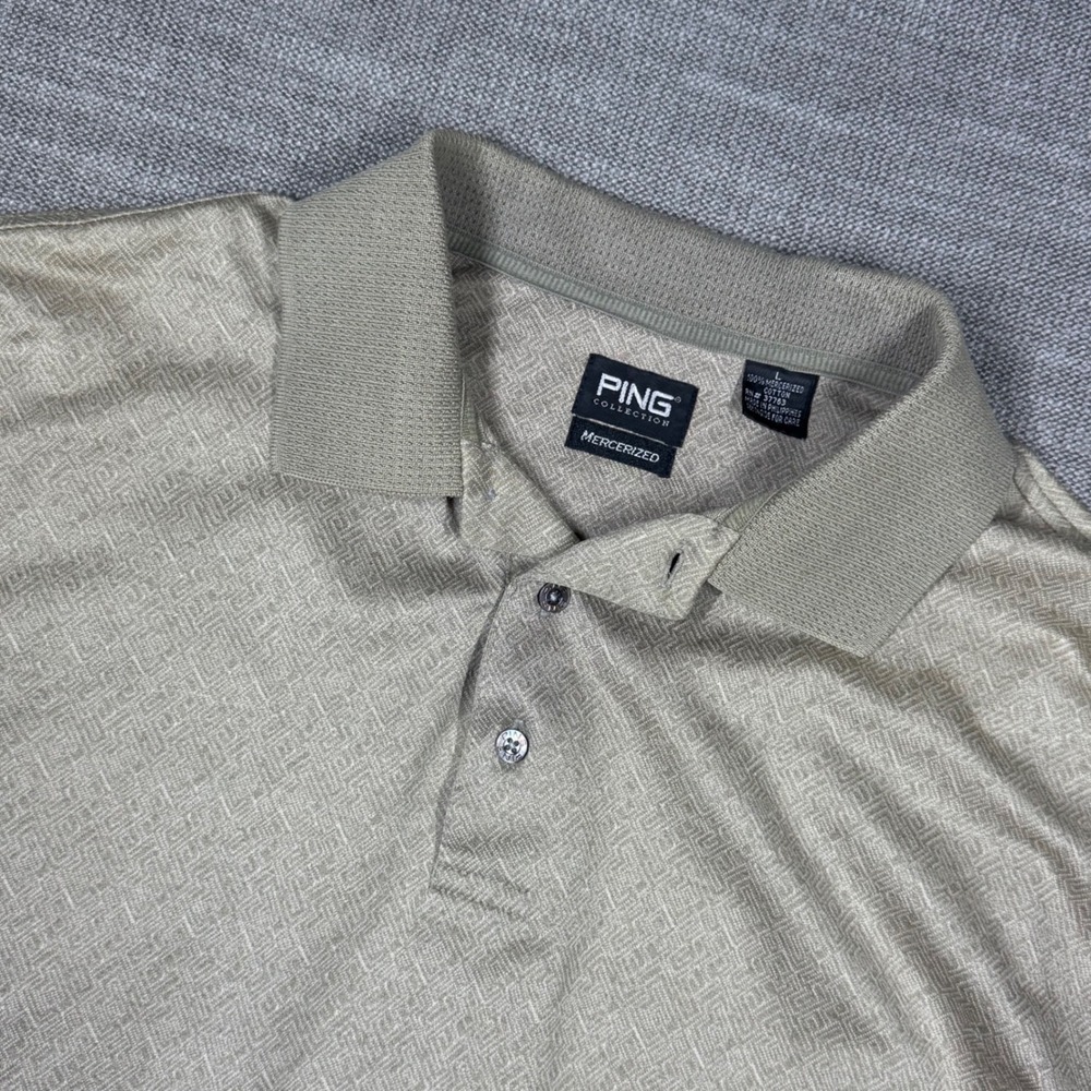 Vintage PING Polo Shirt 90s Mercerized Cotton Large Tan Geometric Old Money Golf